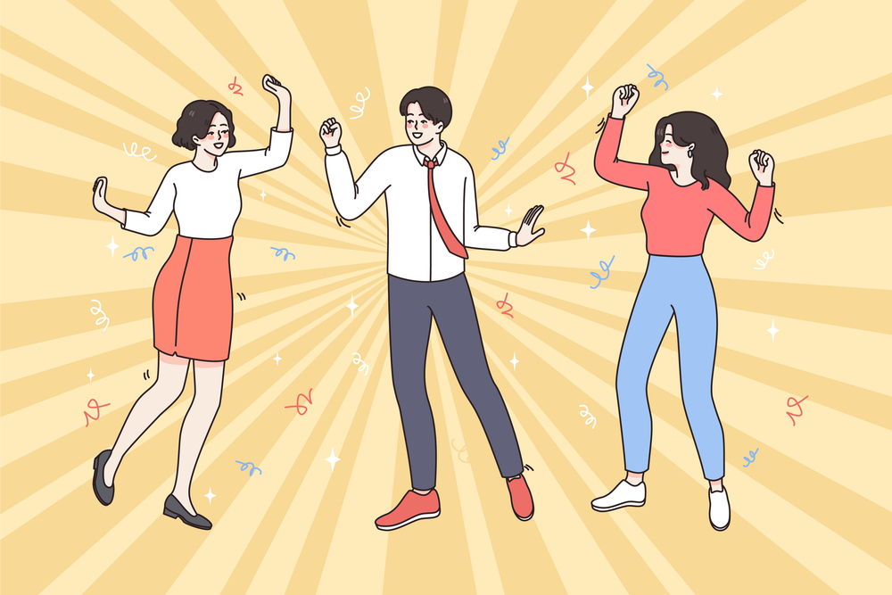 Corporate party and celebration concept. Group of young positive people colleagues dancing together feeling cheerful in office after work vector illustration . Corporate party and celebration concept.