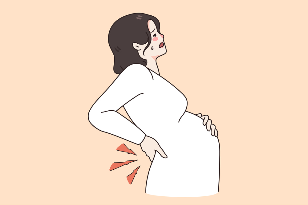 Pregnant women health problems concept. Young pregnant woman with huge belly holding her back feeling contractions before childbirth vector illustration. Pregnant women health problems concept
