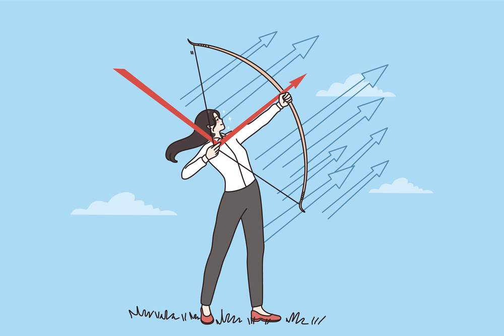 Young businesswoman aim with bow arrow at business goal achievement or success. Confident woman employee reach accomplishment. Income and investment. Target achieve. Vector illustration. . Businesswoman aim at business success or goal