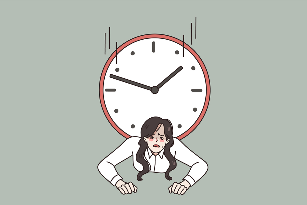 Stressed woman employee trapped under clock manage cope with deadline at work. Distressed businesswoman bad time management or organization. Overwork, workload concept. Vector illustration. . Stressed businesswoman trapped by clock distressed with deadline