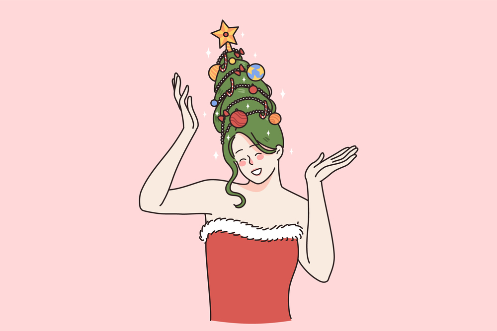 Happy young woman with Christmas tree hat on head celebrate audience with winter holidays. Smiling female model in Santa Claus sexy costume congratulate with New Year. Vector illustration. . Happy woman in Santa costume greeting with New Year