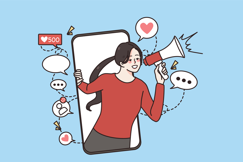 Smiling woman influencer scream in loudspeaker make advertisement in social media on smartphone. Successful girl blogger advertise online on cellphone. Marketing and promotion. Vector illustration. . Happy woman blogger advertise on social media
