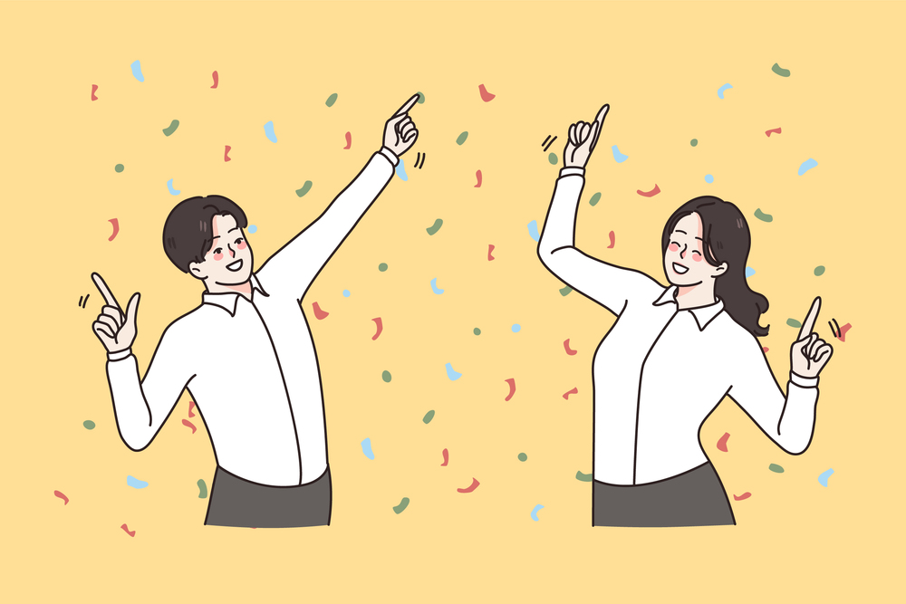 Overjoyed diverse colleagues dance together celebrate shared business win or victory at work. Smiling employees or workers have fun enjoy successful deal. Teamwork, success. Vector illustration. . Happy businesspeople dance celebrate business success