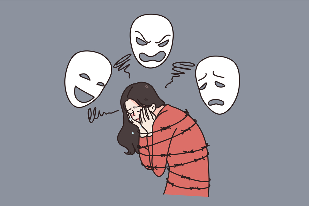 Stressed young woman surrounded by diverse masks suffer from mental disease or depression. Unhappy girl tied with wires of psychological illness. Bipolar disorder, psychiatry. Vector illustration. . Stressed woman struggle with mental illness