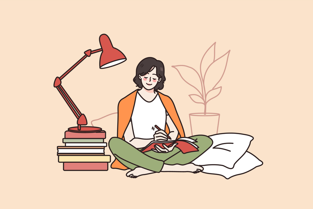Happy millennial girl sit in bed write in notebook study distant at home. Smiling young woman handwrite take notes learn with books. Distant education and self-development. Flat vector illustration. . Happy girl sit at home write study with books