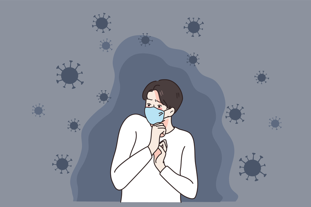 Scared young man in facemask afraid of covid-19 infection. Terrified guy in facial mask frustrated with corona virus spread. Coronavirus pandemics. Healthcare and medicine. Vector illustration. . Scared man in facemask terrified with covid-19