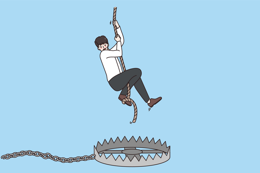 Scared businessman hang on rope stressed frustrated fall into trap. Male employee engaged in risky business startup or project. Financial risk and investment. Vector illustration, cartoon character. . Scared man on rope afraid fall into trap