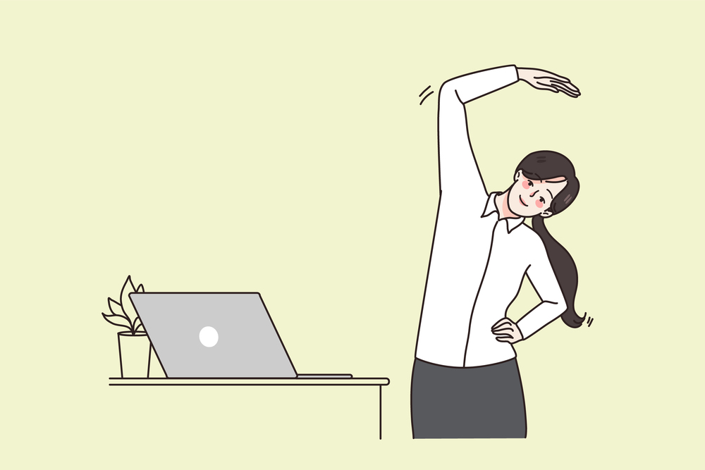 Smiling young businesswoman do gymnastics near computer at workplace. Happy female employee or worker stretch exercise in office, tired of sedentary lifestyle. Flat vector illustration. . Businesswoman do gymnastics train at workplace desk