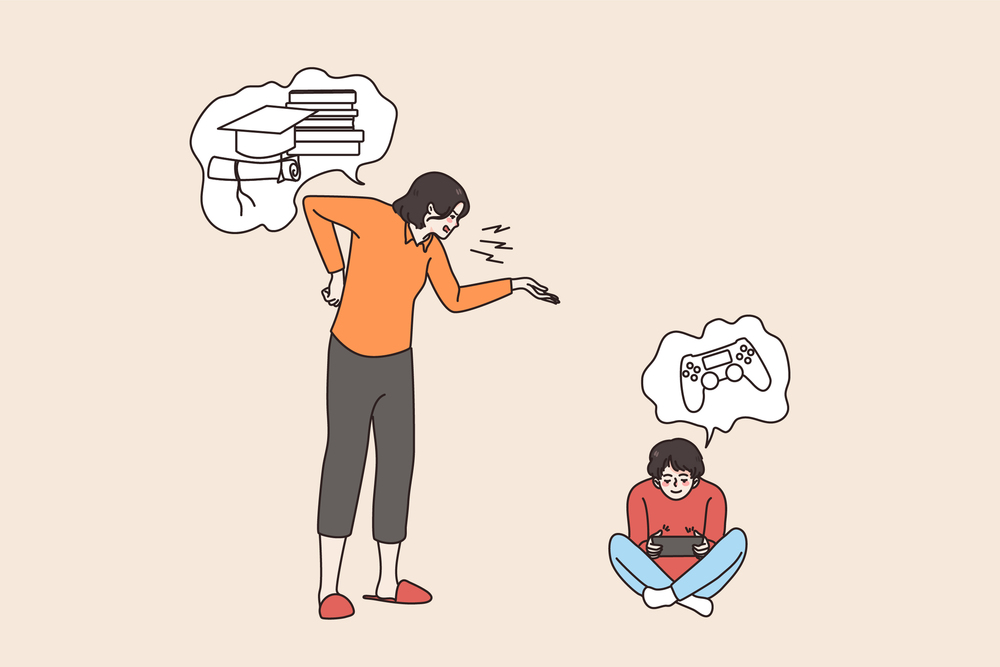 Angry mother scold teen son playing video games, ask for school studying. Furious mom lecture small boy child for not learning. Children and parent problem. Education concept. Vector illustration. . Mad mother scold son for playing not studying