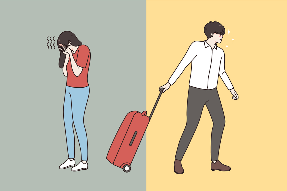 Decisive man with suitcase leave crying unhappy woman. Family separation. Husband with luggage breakup with upset desperate wife feeling depressed. Marriage dissolution. Vector illustration. . Husband with suitcase leave unhappy crying wife