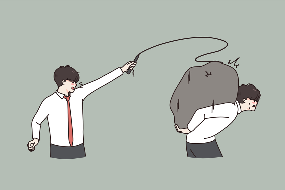 Boss or director tyrant hit male colleague with whip control work coordinates. Authoritarian aggressive businessman scold man employee carry stone. Power and superiority. Flat vector illustration. . Authoritarian boss beat employee with whip at work