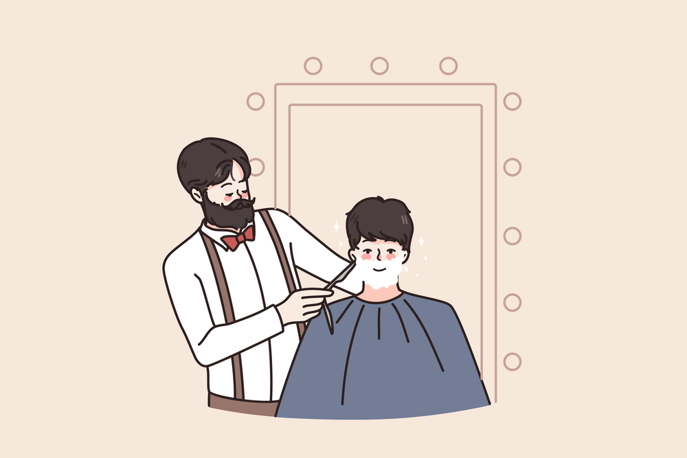 Man client get shaved in salon by hipster barber specialist. Smiling Caucasian guy have beard trimmed in barbershop or saloon. Male beauty procedures and hair care. Flat vector illustration.. Man get beard shaved in barber saloon