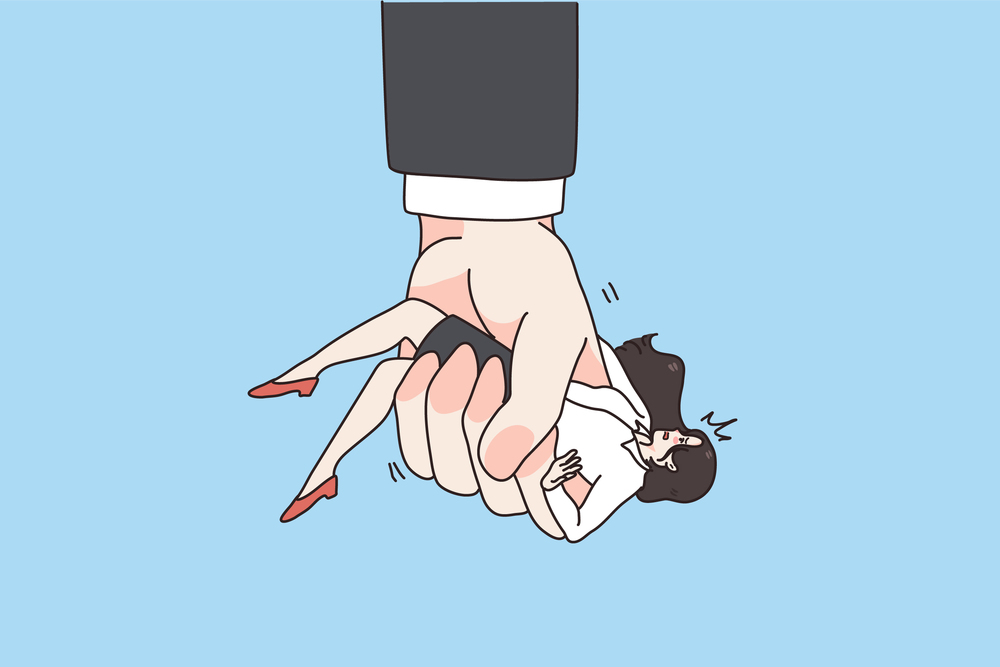 Huge man hand hold scared woman in clenched fist show domination and pressure. Businessman control female employee. Domestic violence and abuse. Job discrimination and bullying. Vector illustration. . Huge man hand hold woman in clenched fist