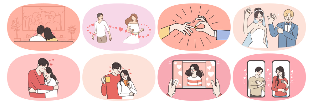 Set of happy man and woman communicate meet online on internet. Smiling couple fall in love, get engaged and marry. Relationship goal concept. Love and affection. Flat vector illustration.. Set of happy couple relationships goal
