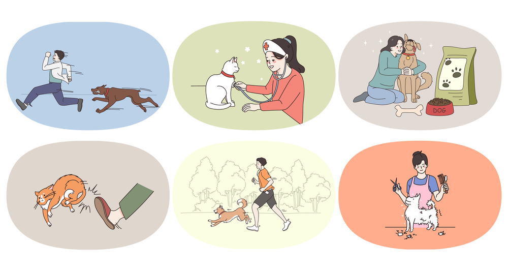Set of diverse people take care of domestic animals play with cat and dog. Collection of happy pet owners show love to little friends. Vet and grooming service. Flat vector illustration.. Set of diverse people take care of domestic animals