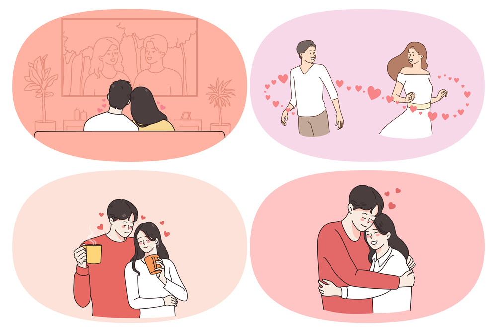 Happiness and weekend of couple concept. Set of young happy couples watching movie together dating drinking coffee hugging feeling in love vector illustration. Happiness and weekend of couple concept