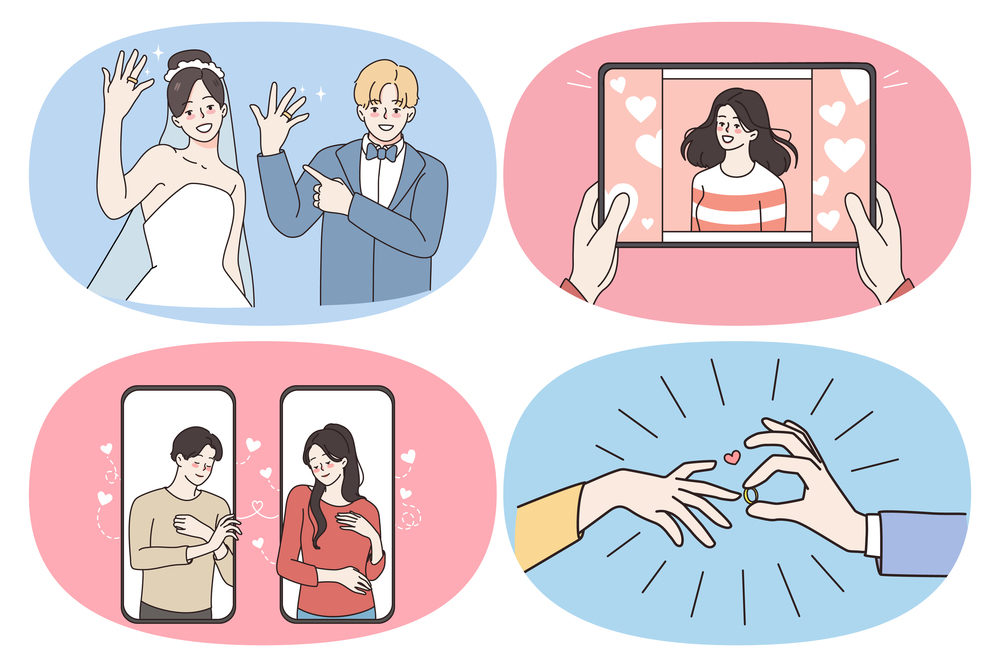 Dating engagement and marriage concept. Set of young happy couples dating online getting engaged and showing rings after wedding marriage vector illustration. Dating engagement and marriage concept