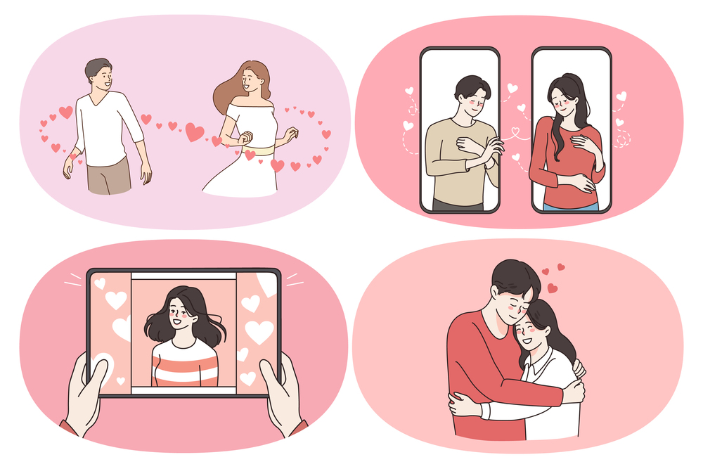 Love romance and dating concept. Set of young happy couples feeling in love dating online hugging during meeting and chatting in internet vector illustration. Love romance and dating concept.