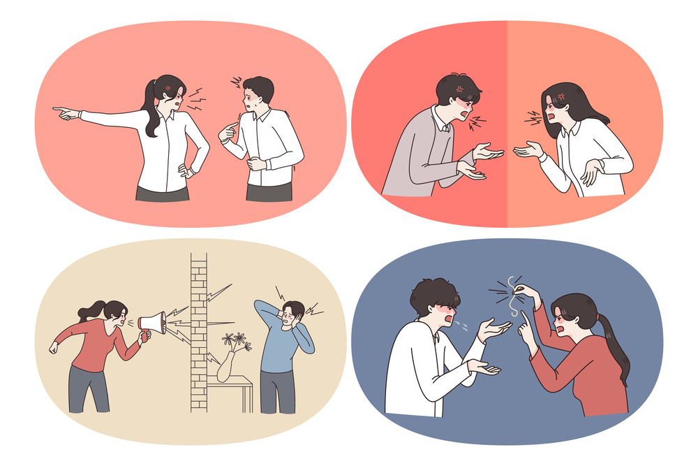 Conflicts in couple Relations concept. Set of young couples swearing shouting at each other having misunderstanding and communication problems vector illustration. Conflicts in couple Relations concept