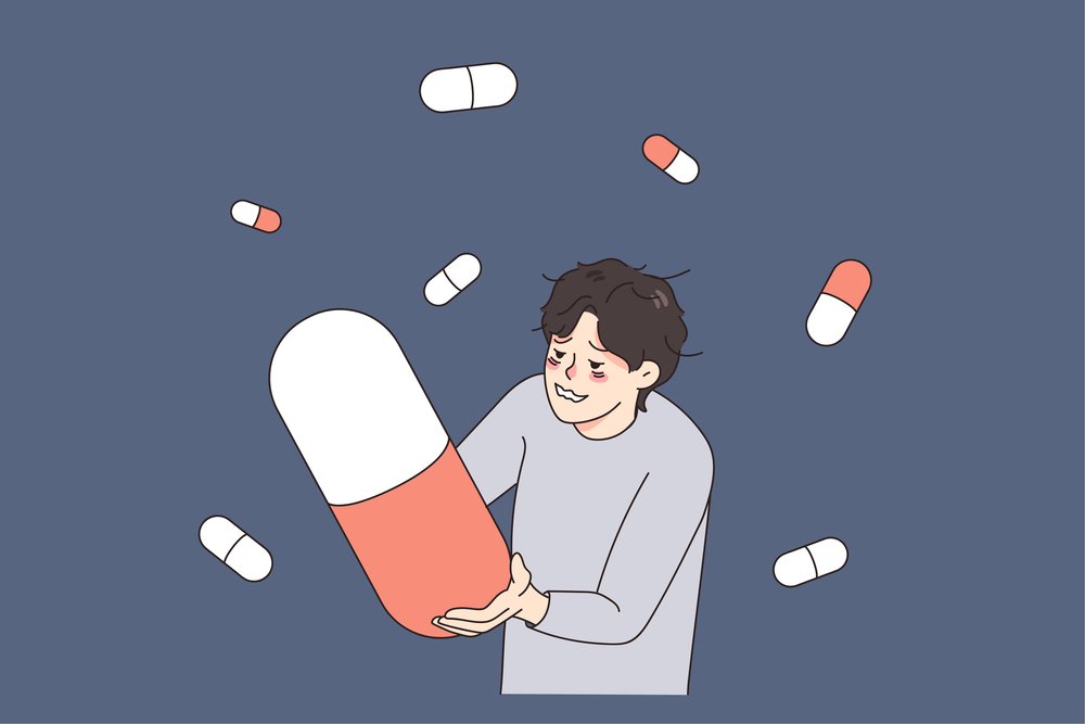 Unhappy stressed man suffer from drug addiction hold huge pill. Upset unhealthy guy struggle with depression addicted to medication and tablets. Medicine and healthcare. Vector illustration. . Stressed man addicted to pills and medications
