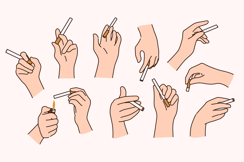 Set of people hands with cigarette. Collection of smoker bad habit. Concept of unhealthy lifestyle and addiction. Smoking life. Flat vector illustration. . Set of people hands holding cigarette