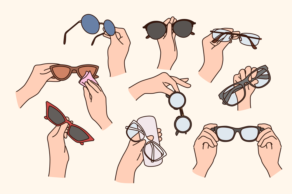 Collection of people holding various glasses for eyesight correction. Set of person hands with spectacles. Eyewear and opticians advertising. Flat vector illustration. . Set of people holding diverse glasses