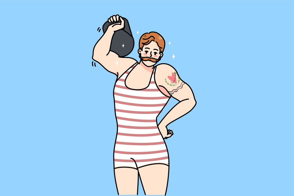 Male circus powerlifter with tattoo wear tricot lift dumbbell show power. Strongman or weightlifter perform stunt with barbell. Powerlifting performance, sport concept. Vector illustration.. Circus powerlifter lift barbell