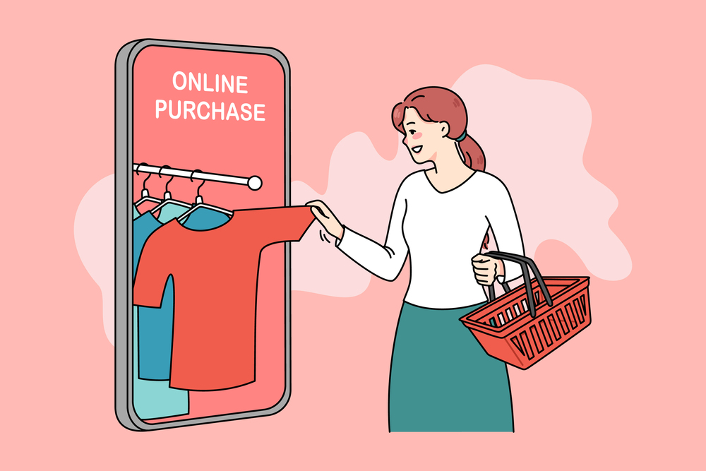 Smiling woman shopping online on app on modern smartphone. Happy female client or buyer purchase order clothes on internet using cellphone application. Consumerism. Vector illustration.. Woman buyer shopping online on smartphone