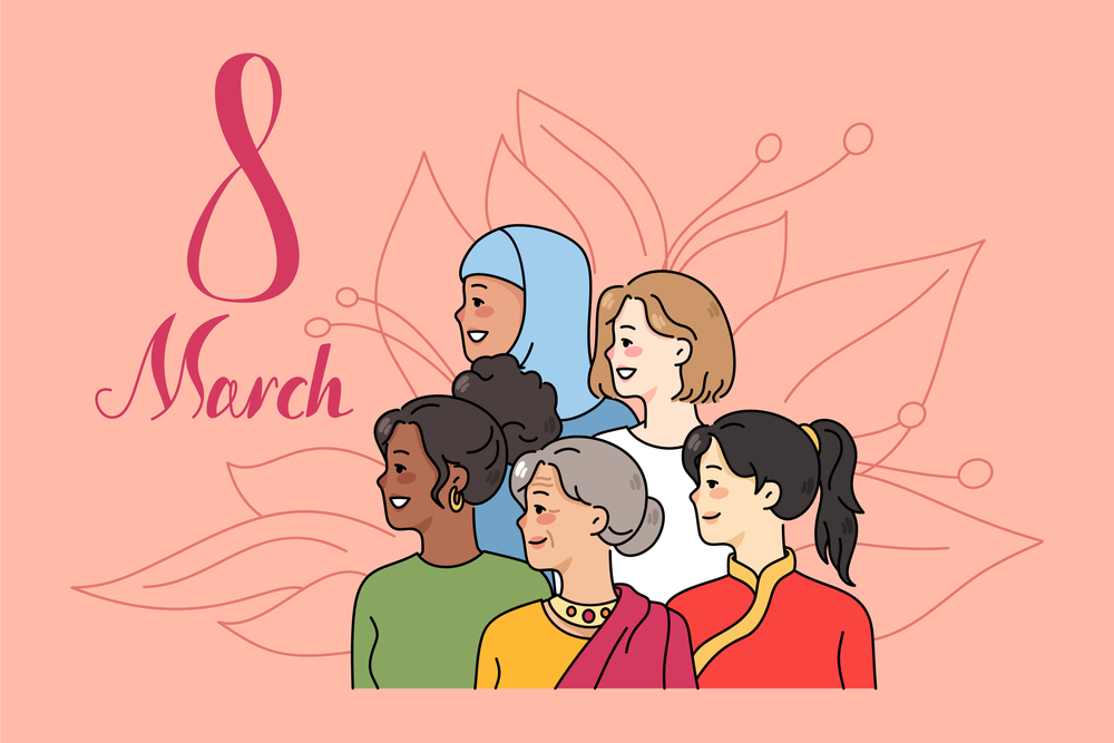 Diverse women look aside celebrate international women day. Multicultural females on 8 march celebration. Woman rights concept. Equality and feminism. Vector illustration. . Diverse women celebrate international women day