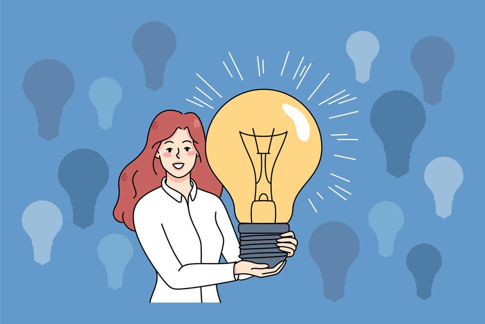 Smiling young woman hold huge lightbulb brainstorm generate creative business ideas. Happy female with light bulb create innovative solutions or launch project. Flat vector illustration. . Smiling woman with lightbulb generate business ideas