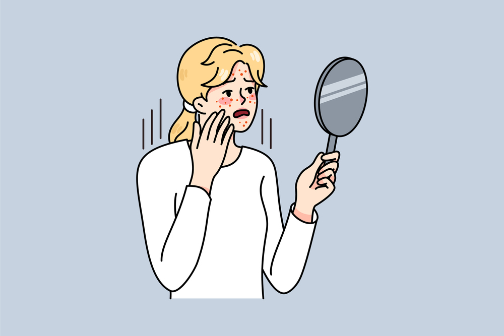Distressed woman look in mirror worry about acne problems. Unhappy girl stress about pimples, having skincare troubles. Skin healthcare and dermatology. Vector illustration.. Unhappy woman look in mirror worrying about acne