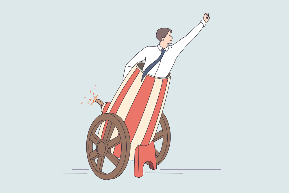 Businessman in cannon launching new project. Vector concept illustration of starting new business company by shooting manager to goal.. Businessman in cannon launching new project.
