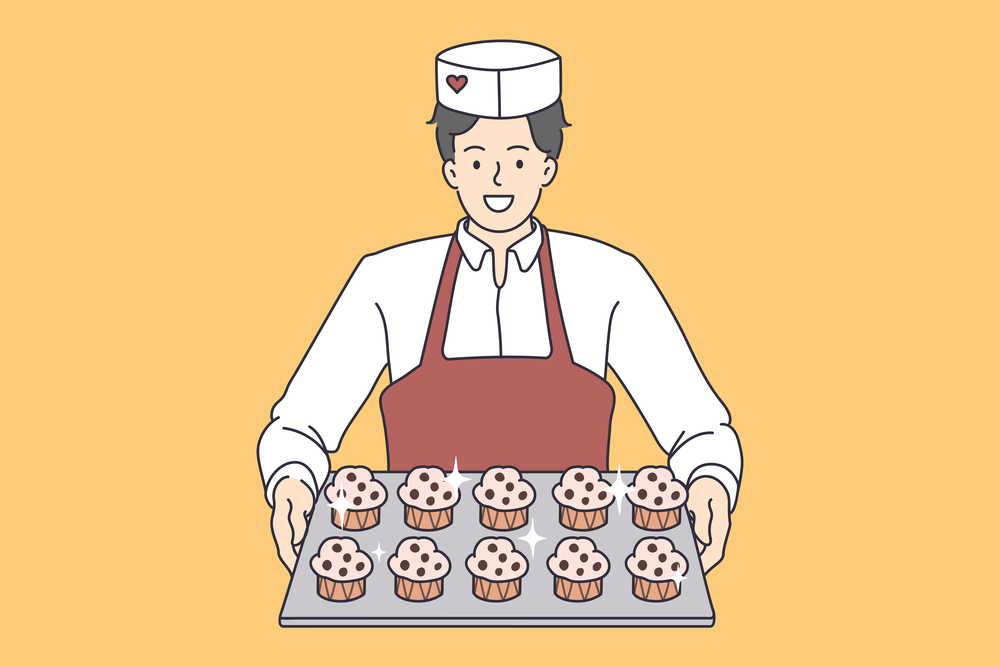 Pastry baking worker with cupcakes tray. Vector concept illustration of desserts baker serving sweet muffins.. Pastry baking worker with cupcakes tray.