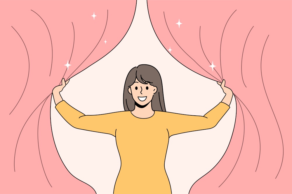 Happy smiling girl opens the curtains. Vector concept illustration of new light in life. Mental health and future solutions against anxiety.. Happy smiling girl opens the curtains.