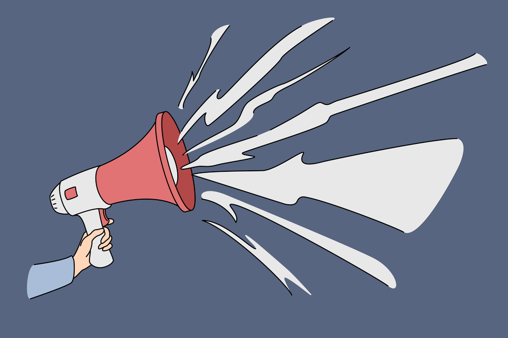 Hand with speaking loudly megaphone. Vector concept illustration of advertisement promotional marketing speaker.. Hand with speaking loudly megaphone.