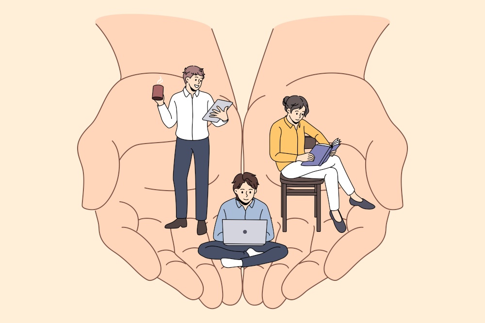 Company manager care about workers office team . Vector concept illustration of work balance and modern office. Worker job benefits. Company manager care about workers office team.