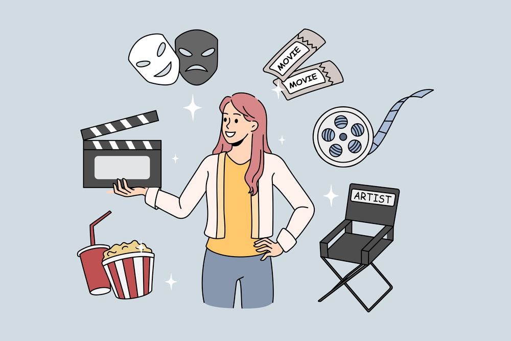 Woman director of movie production holding film clapper. Vector concept illustration with movie elements. Production director chair with cinema tickets.. Woman director of movie production holding film clapper.