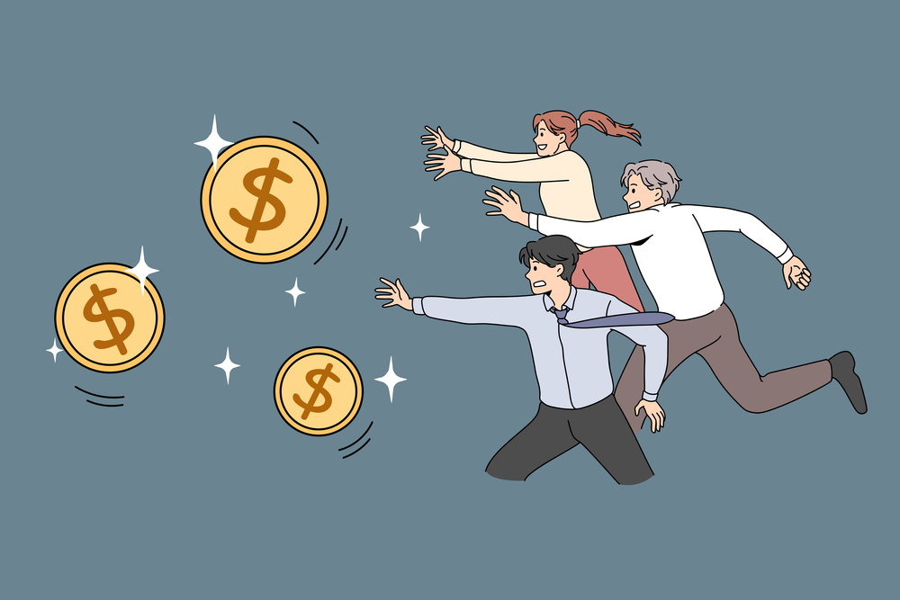 Human money competition concept. Greed for wealthy life. Vector illustration of running people for golden dollar coins.. Human money competition concept. Greed for wealthy life.
