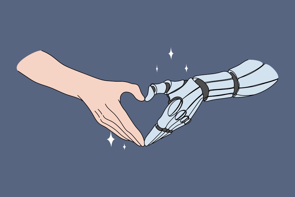 Touching human and robotic hands. Vector concept illustration of future successful collaboration between human work and artificial intelligence.. Touching human and robotic hands.