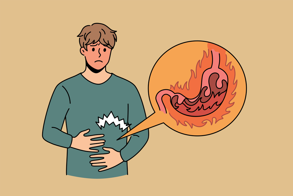 Heartburn and digestive problems concept. Young stressed man cartoon character standing touching stomach feeling burn pain and uncomfortable inside vector illustration . Heartburn and digestive problems concept