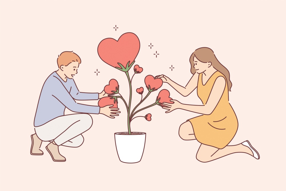 Taking care of love and plants concept. Young smiling couple woman and man cartoon characters sitting holding heart shaped leaves of love plant in pot together vector illustration . Taking care of love and plants concept