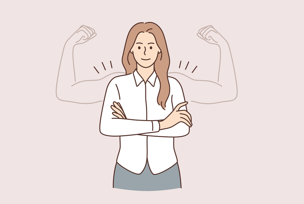 Super power of woman concept. Young smiling woman cartoon character standing with hands crossed and muscle strong biceps hands as shadow vector illustration . Super power of woman concept.