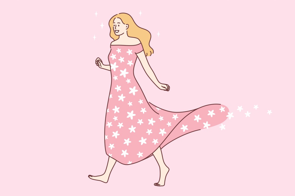 Natural beauty of woman concept. Young smiling blonde woman in pink long dress walking with flowers flying nearby feeling beautiful vector illustration . Natural beauty of woman concept