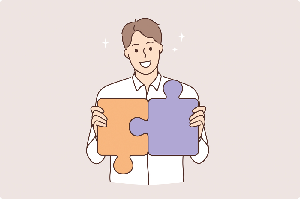 Strategy, career and development concept. Young smiling man cartoon character making pieces of puzzle together feeling confident vector illustration . Strategy, career and development concept.