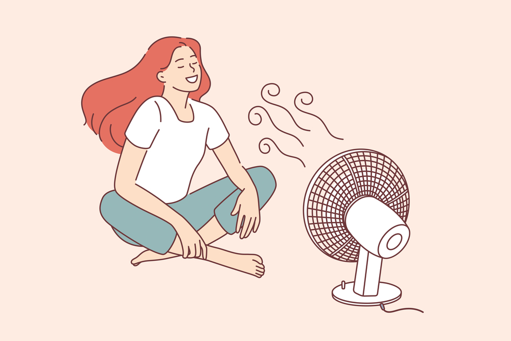 Enjoying cool wind waves concept. Young smiling woman cartoon character sitting on floor catching enjoying cool wind from fan vector illustration . Enjoying cool wind waves concept.