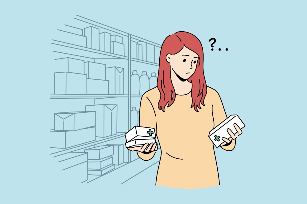 Difficult choice in pharmacy concept. Young frustrated woman cartoon character standing trying to choose right medicine in pharmacy shop vector illustration . Difficult choice in pharmacy concept.