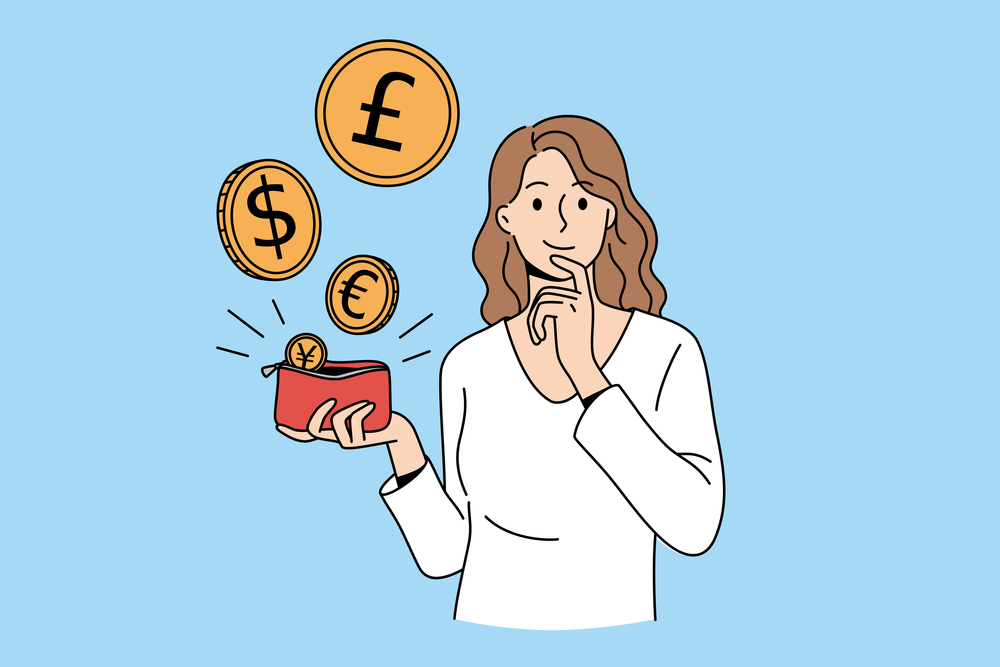 Various currency and money concept. Young smiling woman cartoon character standing holding red purse with flying different coins vector illustration . Various currency and money concept