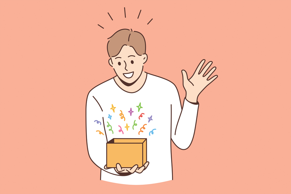Feeling surprised and amazed concept. Young smiling boy man cartoon character standing looking at box with colorful surprise feeling amazed vector illustration . Feeling surprised and amazed concept.