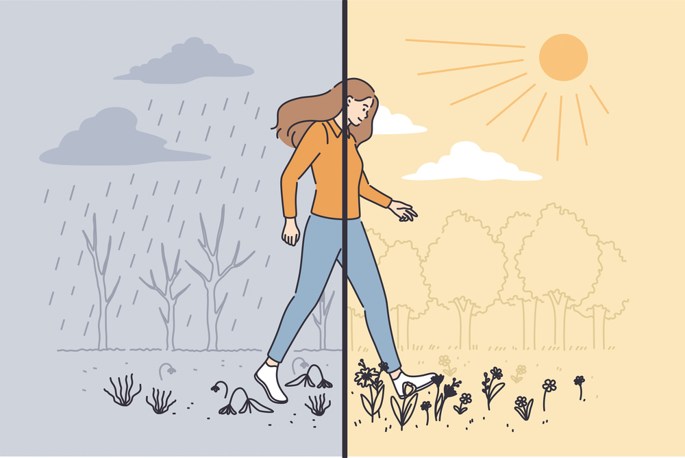 Variety of nature weather concept. Young woman cartoon character making step from gloomy grey rainy weather to sunny clear day vector illustration . Variety of nature weather concept.