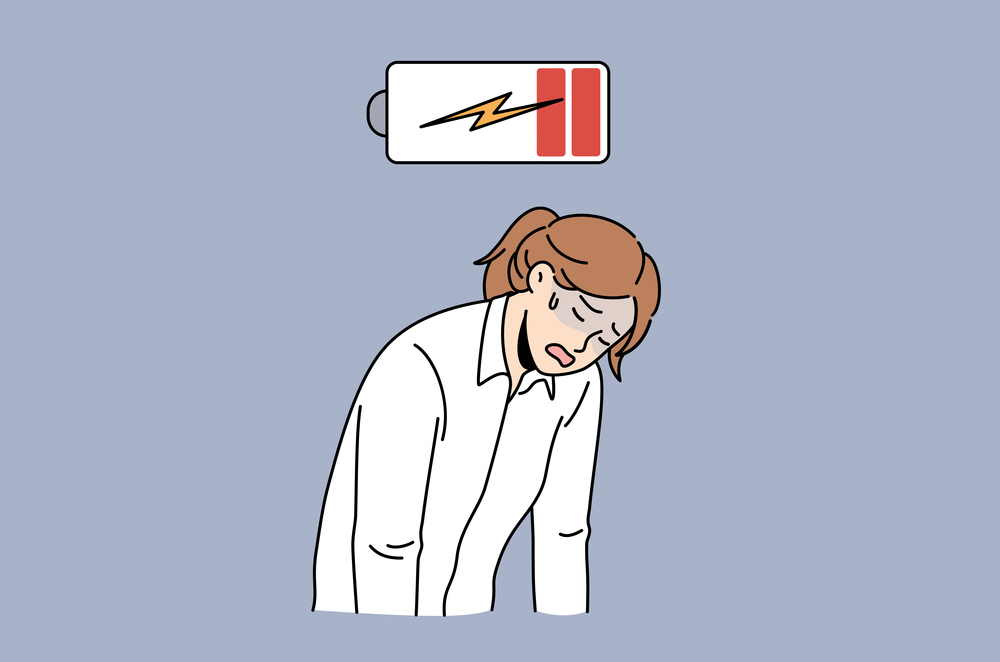 Exhaustion and Low energy concept. Young sad depressed tired woman office worker standing with hands down feeling totally exhausted with battery low vector illustration . Exhaustion and Low energy concept